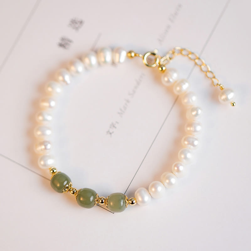 Fortune Jewel 14K Gold Plated Natural Pearl Hetian Cyan Jade White Jade Sincerity Bead Chain Bracelet