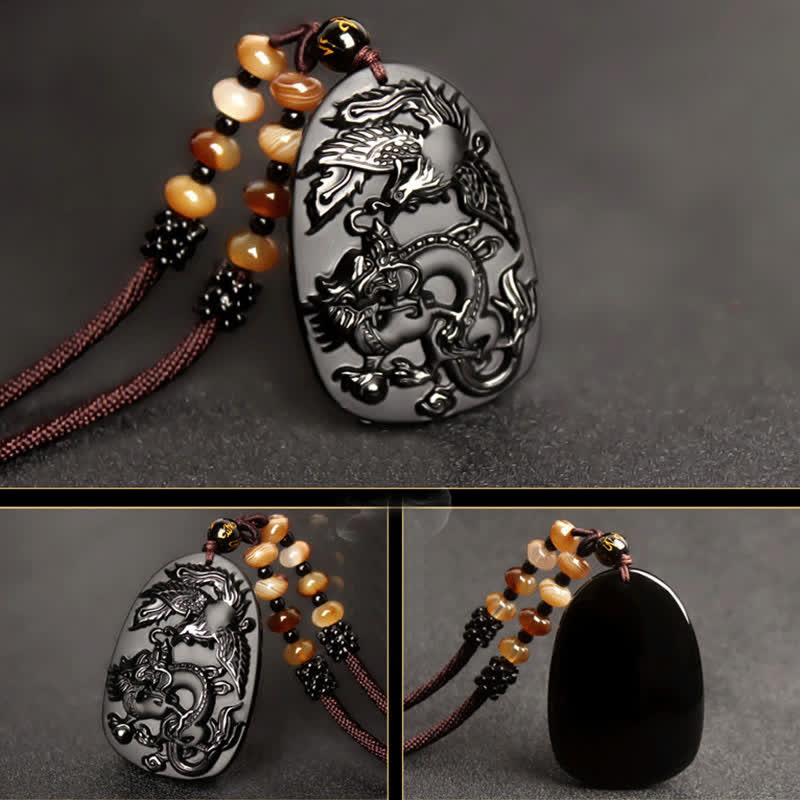 Fortune Jewel Black Obsidian Tiger Eye Dragon Phoenix Protection Beaded Necklace Pendant