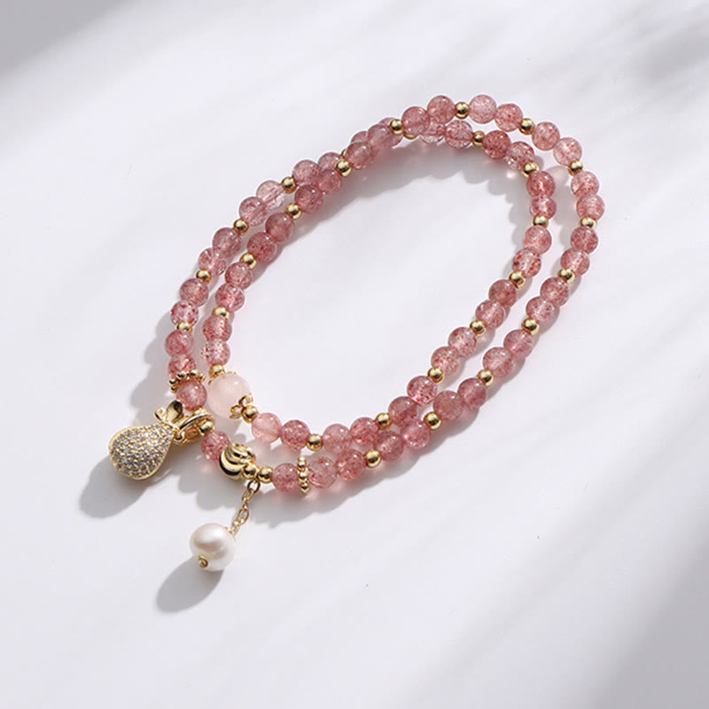 Fortune Jewel Strawberry Quartz Money Bag Positive Charm Double Wrap Bracelet