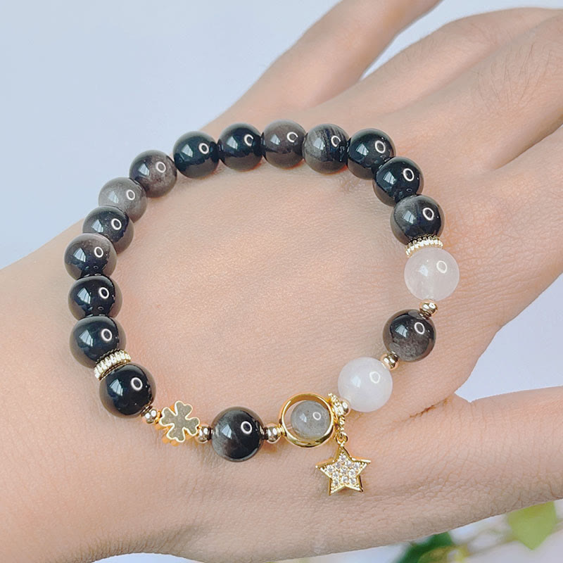 Fortune Jewel Natural Silver Sheen Obsidian Love Heart Star Flower Protection Bracelet