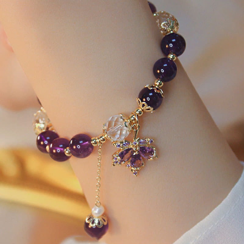 Fortune Jewel 14k Gold Plated Natural Amethyst Healing Maple Leaf Charm Bracelet