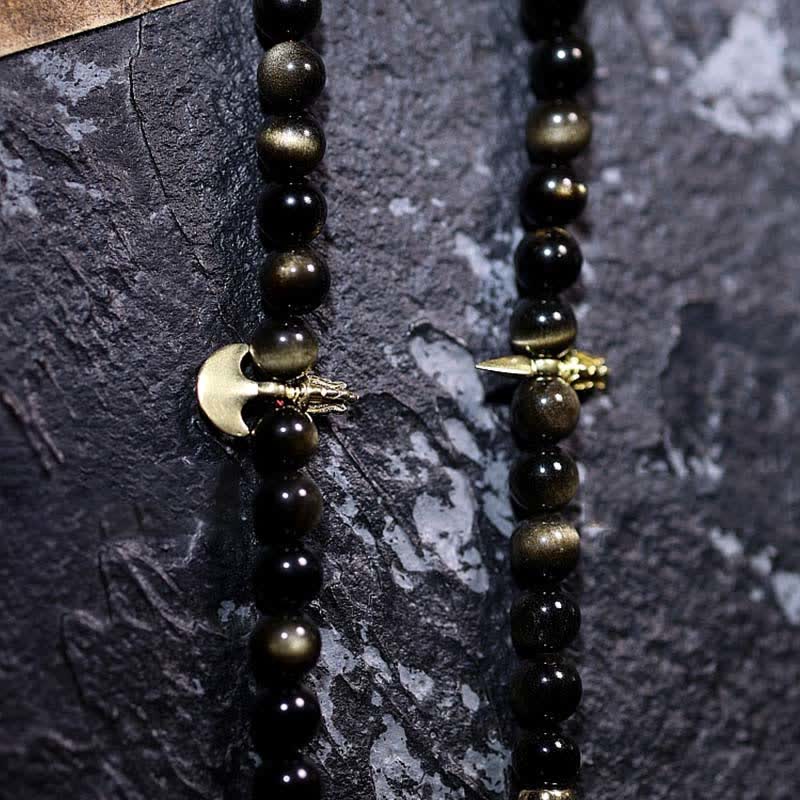 Fortune Jewel 108 Mala Beads Gold Sheen Obsidian Tiger Eye Eagle's Eye Stone Wealth Bracelet