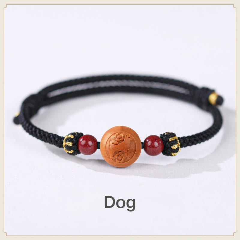 Fortune Jewel Natural Peach Wood Chinese Zodiac Fu Character Carved Cinnabar Wealth Bracelet