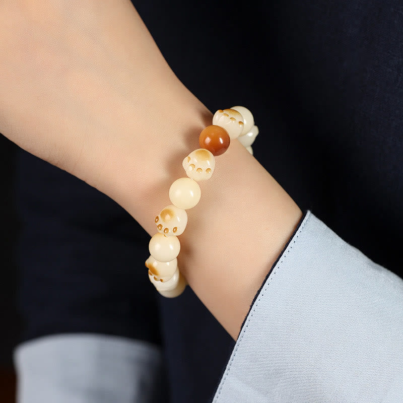 Fortune Jewel Natural Bodhi Seed Sandalwood Lucky Cute Cat Head Paw Claw Peace Bracelet