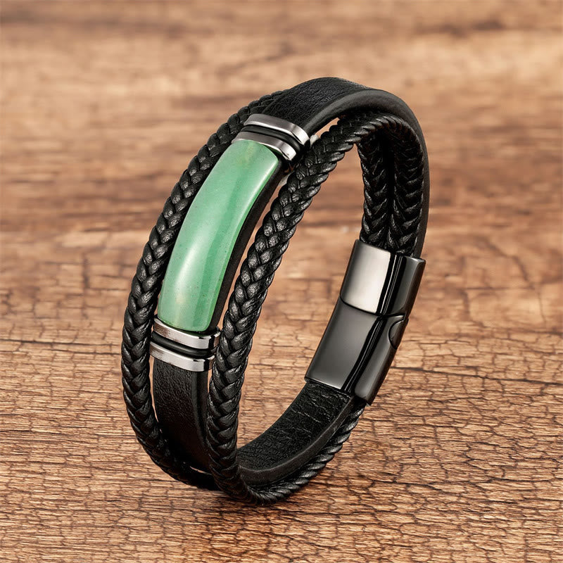 Fortune Jewel Natural Stone Green Agate Power Multilayered Braided Leather Bracelet
