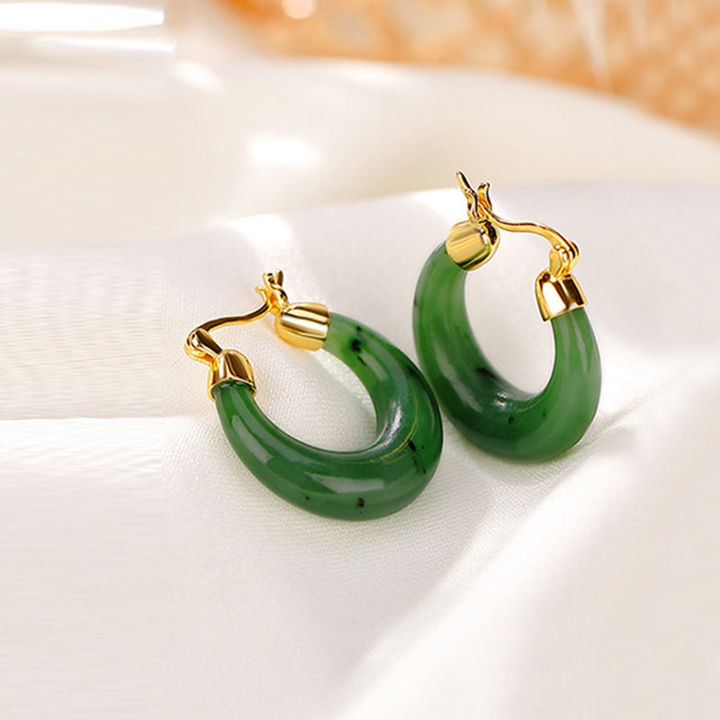 Fortune Jewel 925 Sterling Silver Plated Gold Natural Round Hetian Cyan Jade Luck Drop Earrings