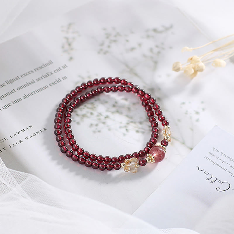 Fortune Jewel 14K Gold Plated Natural Garnet Strawberry Quartz Butterfly Protection Double Wrap Bracelet