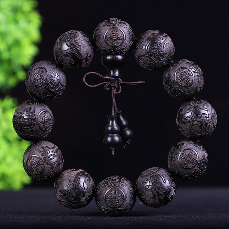 Fortune Jewel Chinese Zodiac Rosewood Ebony Copper Coin PiXiu Carved Warmth Bracelet