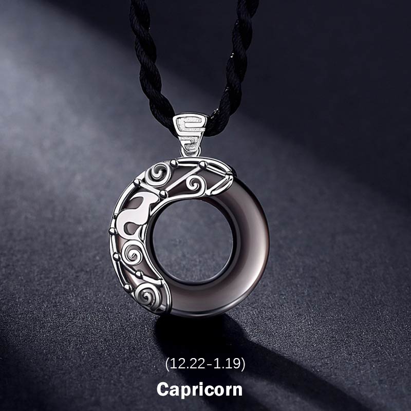 Fortune Jewel 12 Constellations of the Zodiac Ice Obsidian Blessing Round Pendant Necklace