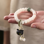 Fortune Jewel Natural Bodhi Seed African Blackwood Lovely Cat Charm Peace Harmony Bracelet