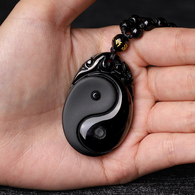 Fortune Jewel Natural Black Obsidian Yin Yang Fulfilment Strength Necklace Pendant
