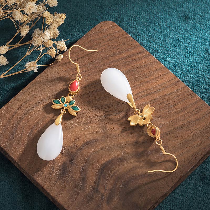 Fortune Jewel FengShui White Jade Luck Drop Earrings