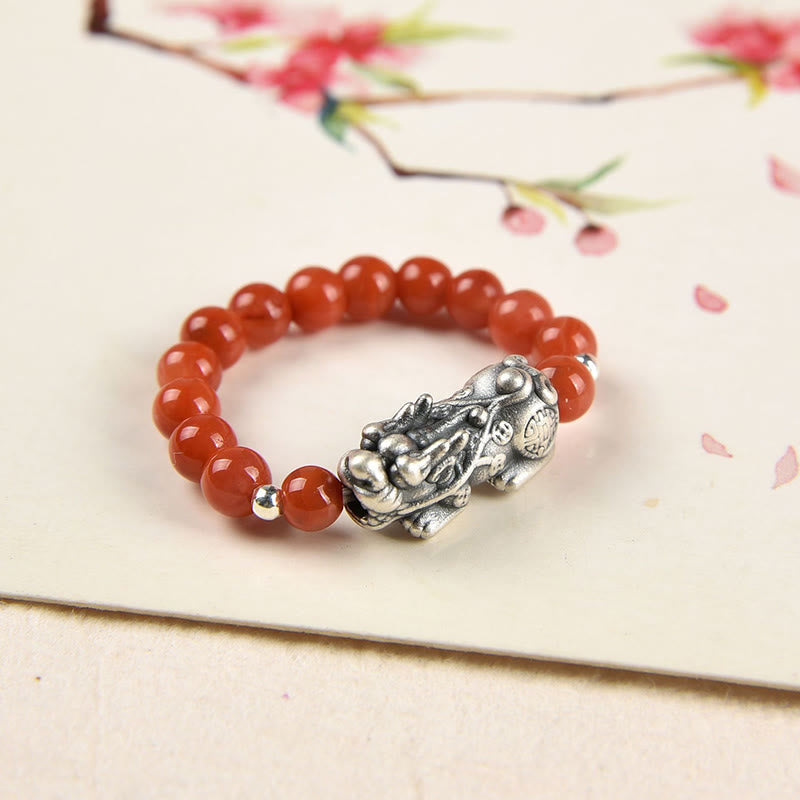 Fortune Jewel 925 Sterling Silver Natural Garnet Moonstone Red Agate PiXiu Wealth Ring