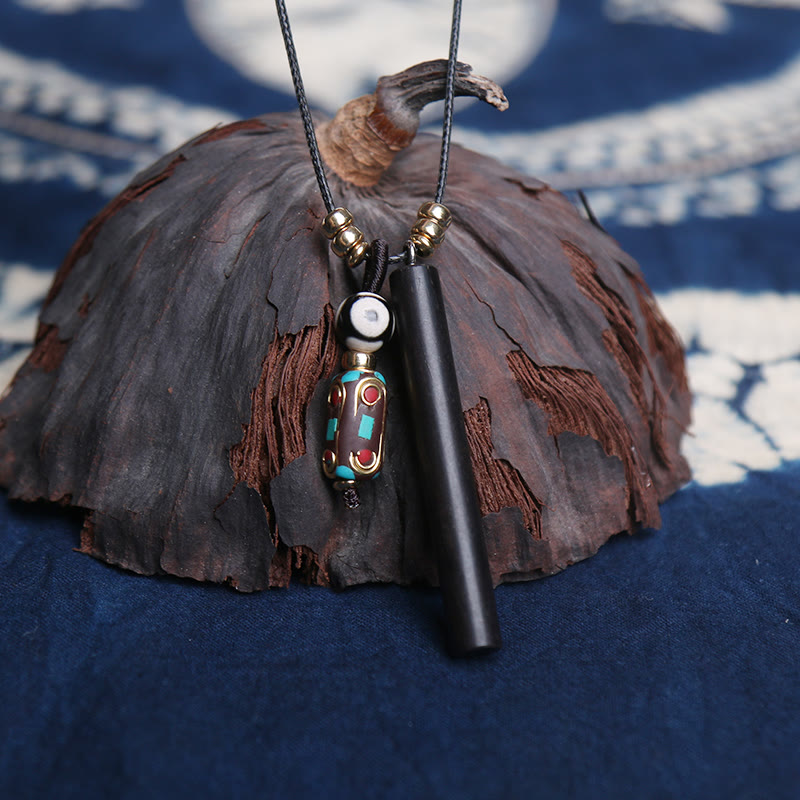 Fortune Jewel Tibetan Ebony Wood Dzi Bead Peace Calm Necklace Pendant