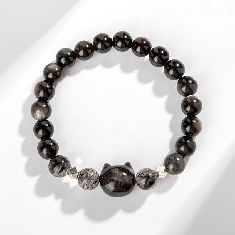 Fortune Jewel Natural Silver Sheen Obsidian Cute Cat Head Protection Bracelet