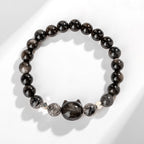 Fortune Jewel Natural Silver Sheen Obsidian Cute Cat Head Protection Bracelet