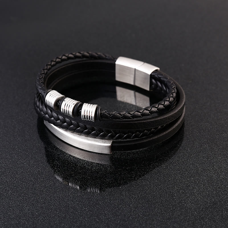 Fortune Jewel Leather Multi-Layer Titanium Steel Balance Braided Magnetic Buckle Bracelet