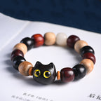 Fortune Jewel Small Leaf Red Sandalwood Ebony Wood Cute Cat Engraved Protection Bracelet