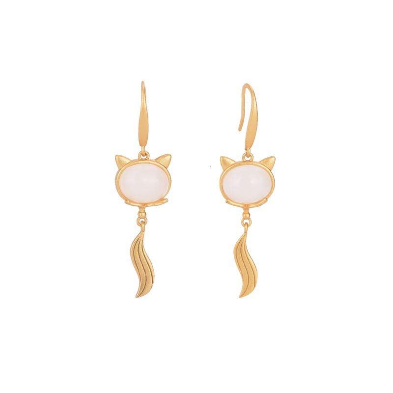 Fortune Jewel FengShui White Jade Fox Fortune Earrings