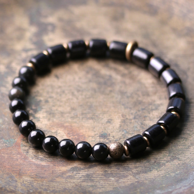 Fortune Jewel Ebony Wood Red Jasper Moss Agate Crystal Copper Peace Couple Bracelet