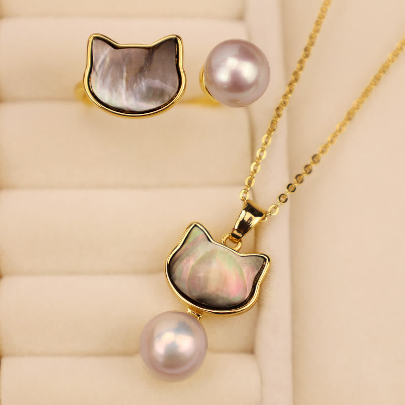 Fortune Jewel Natural Pearl Copper Cat Healing Necklace Pendant Earrings