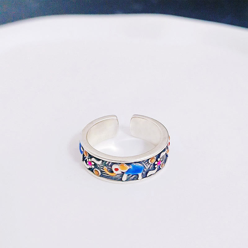 Fortune Jewel Colorful Elephant Carved Strength Adjustable Ring