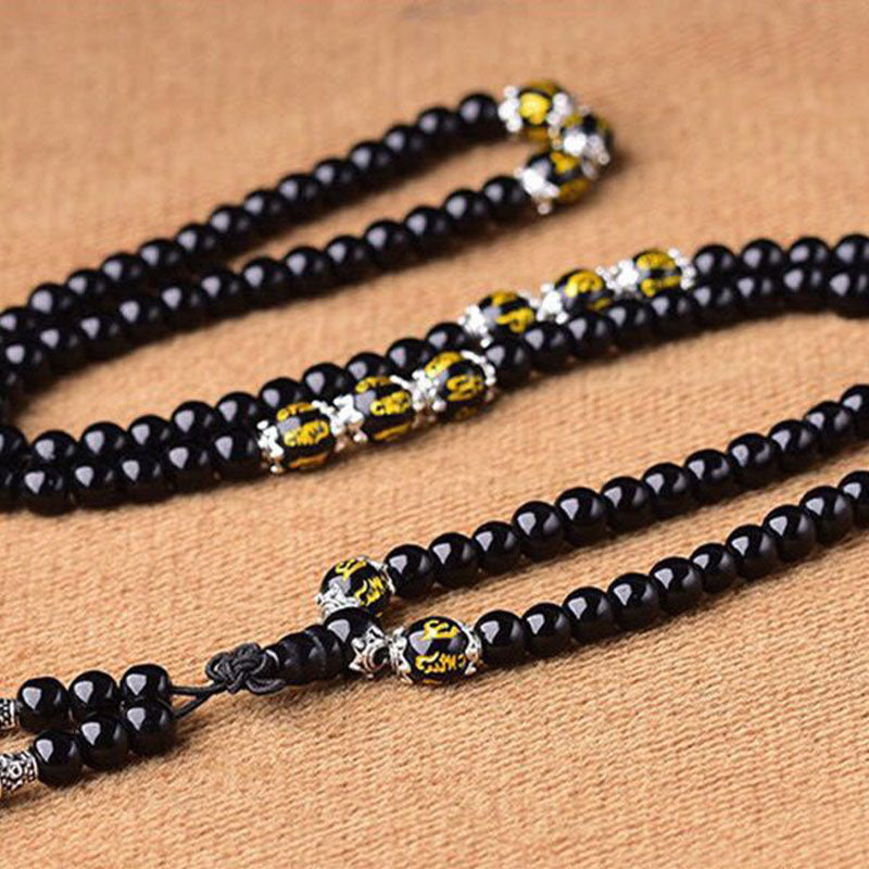 Fortune Jewel Black Obsidian Six True Words Protection Mala Bracelet