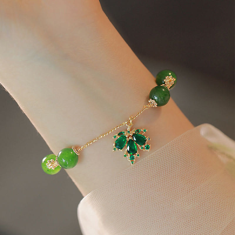 Fortune Jewel 14k Gold Plated Green Chalcedony Maple Leaf Courage Strength Bracelet