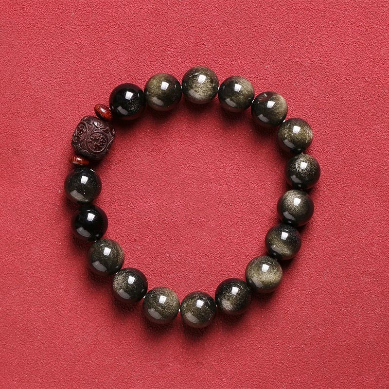 Fortune Jewel Natural Gold Sheen Obsidian Rainbow Obsidian Om Mani Padme Hum Fu Character Healing Bracelet