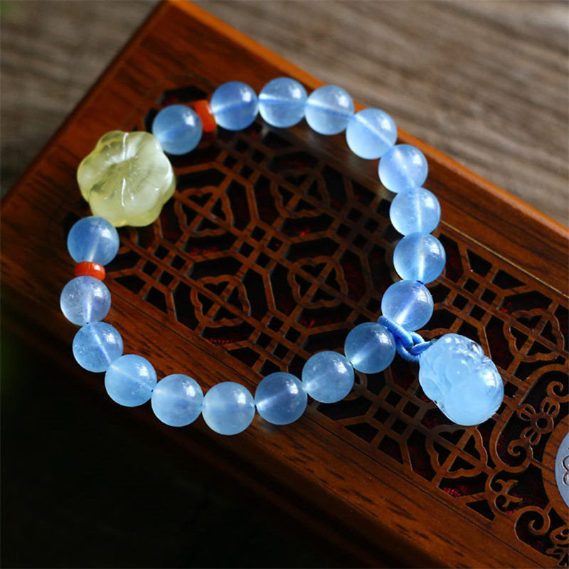Fortune Jewel Natural Aquamarine Amber Pixiu Peace Healing Charm Bracelet
