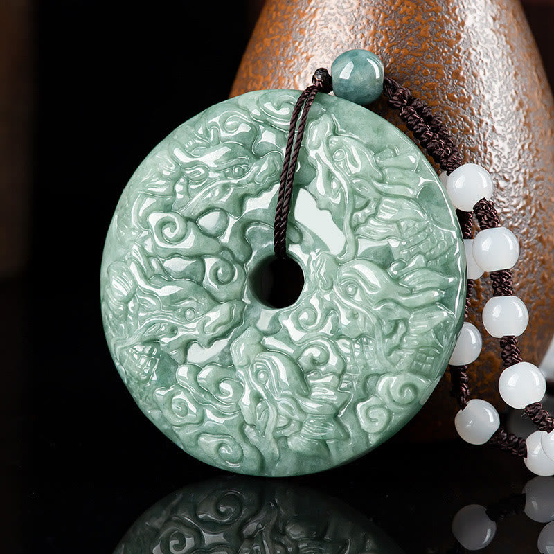 Fortune Jewel Year of the Dragon Natural Jade Nine Dragons Peace Buckle Protection Necklace Pendant