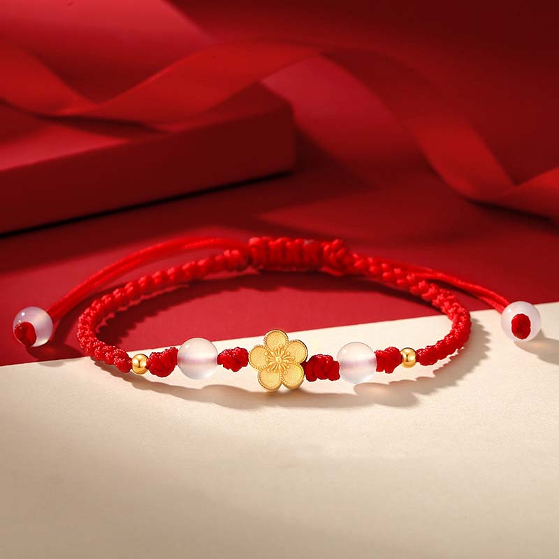 Fortune Jewel Handmade 925 Sterling Silver Peach Blossom Cherry Sakura Chalcedony Bead Luck Red Rope Bracelet