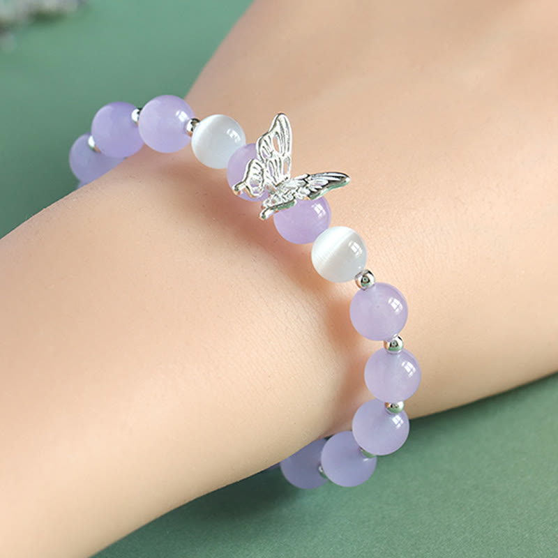 Fortune Jewel Blue Chalcedony Pink Crystal Purple Chalcedony Butterfly Energy Bracelet