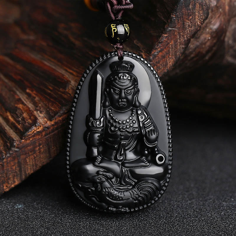 Fortune Jewel Chinese Zodiac Natal Buddha Natural Black Obsidian Purification Necklace Pendant