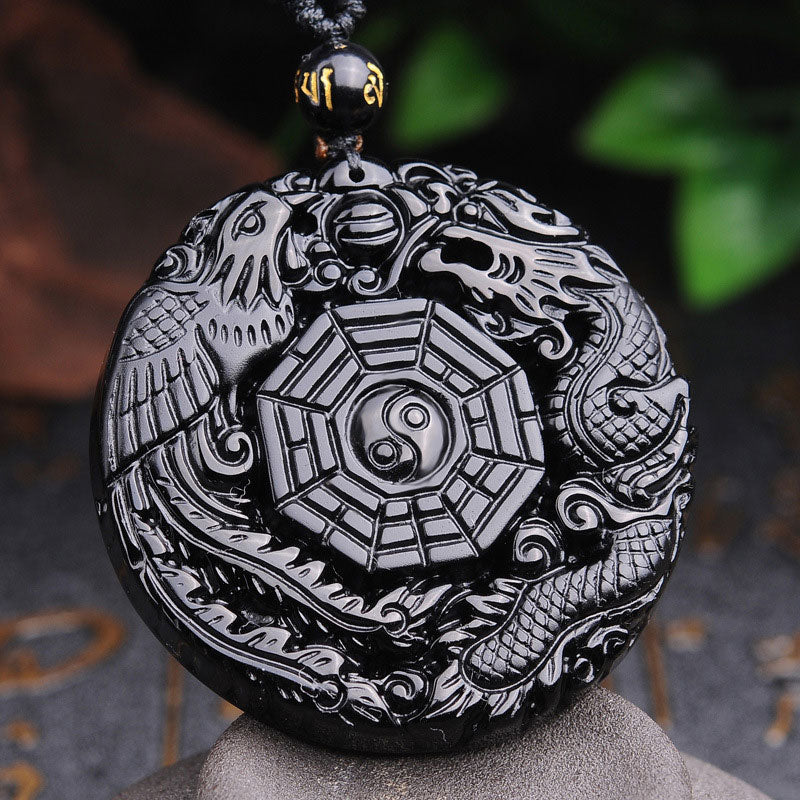 Fortune Jewel Bagua Dragon Phoenix Obsidian Fulfilment Pendant Necklace
