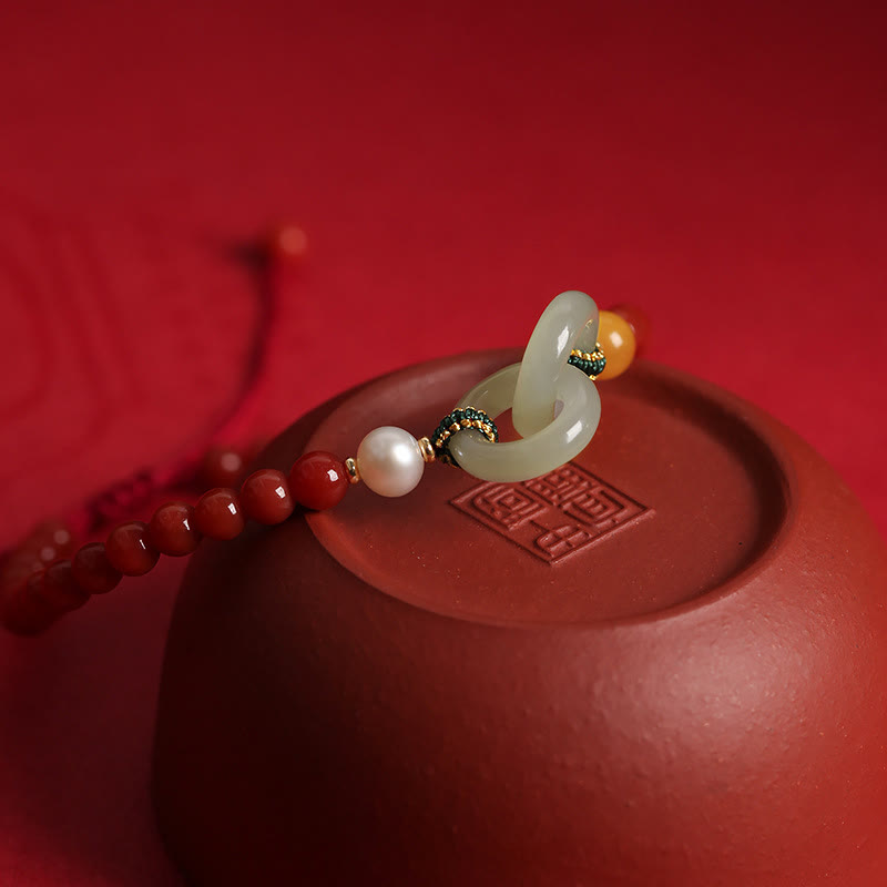 Fortune Jewel Natural Red Agate Hetian Jade Double Peace Buckle Confidence Bracelet