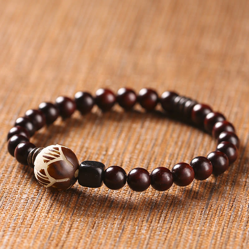 Fortune Jewel Small Leaf Red Sandalwood Lotus Bodhi Seed Carved Protection Double Wrap Bracelet