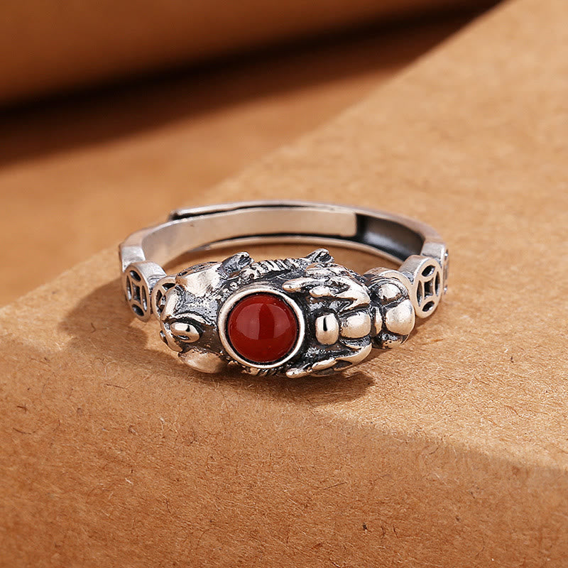 Fortune Jewel PiXiu Copper Coin Red Agate Wealth Luck Ring
