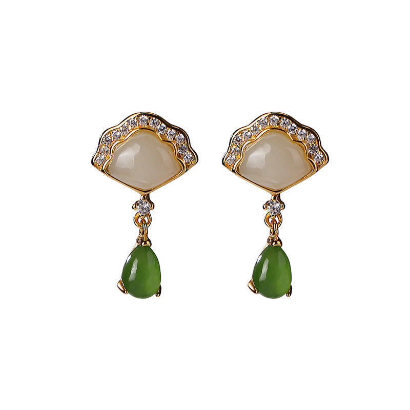 Fortune Jewel White Jade Cyan Jade Fan Water Drop Pattern Luck Drop Earrings