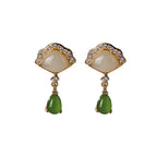 Fortune Jewel White Jade Cyan Jade Fan Water Drop Pattern Luck Drop Earrings