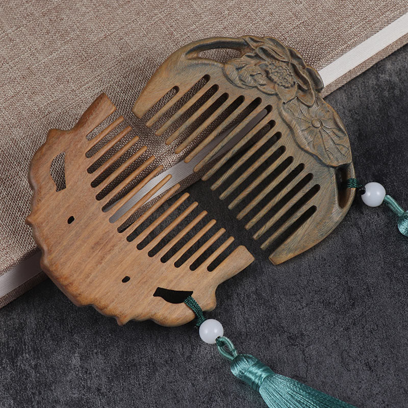 Fortune Jewel Green Sandalwood Fox Peony Flower Lotus Engraved Cure Tassel Comb Fortune Jewel