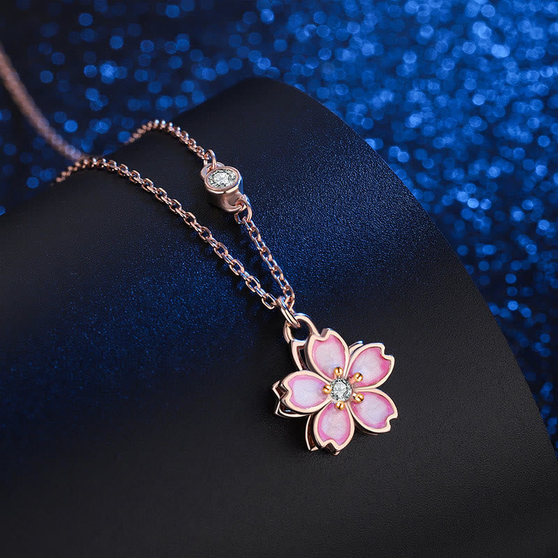 Fortune Jewel 925 Sterling Silver Cherry Blossom Flower Rotatable Protection Necklace Pendant