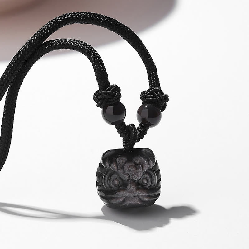 Fortune Jewel Natural Silver Sheen Obsidian Red Agate Dancing Lion Protection Necklace Pendant
