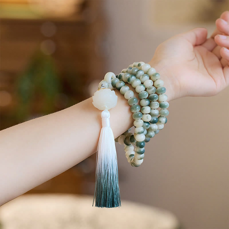 Fortune Jewel Natural 108 Mala Beads Bodhi Seed Lotus Engraved Wisdom Tassel Bracelet Fortune Jewel