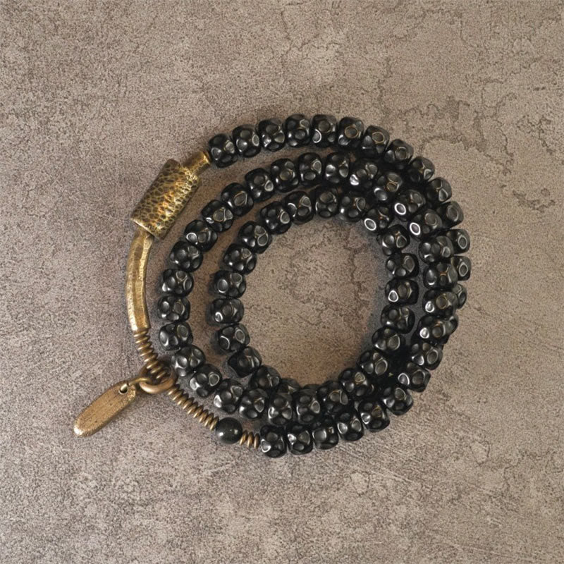 Fortune Jewel Retro Coconut Shell Brass Copper Happiness Triple Wrap Bracelet