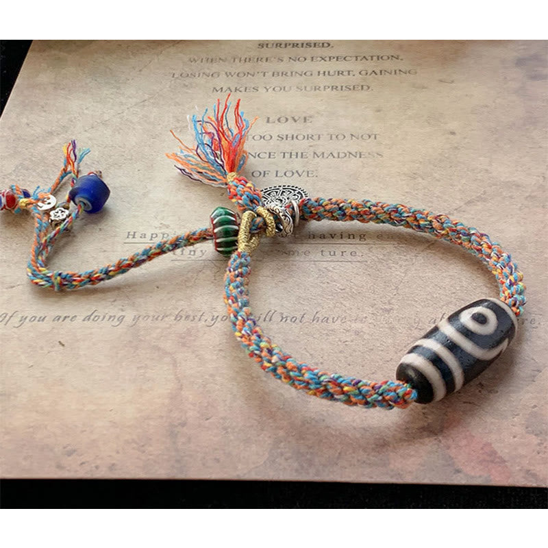 Fortune Jewel Tibetan 925 Sterling Silver Om Mani Padme Hum Handmade Dzi Bead Protection Braid Bracelet