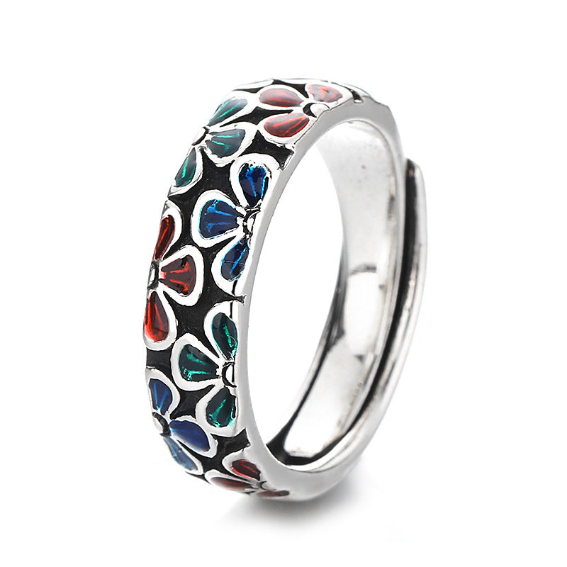 Fortune Jewel Colorful Plum Blossoms Design Healing Copper Adjustable Ring