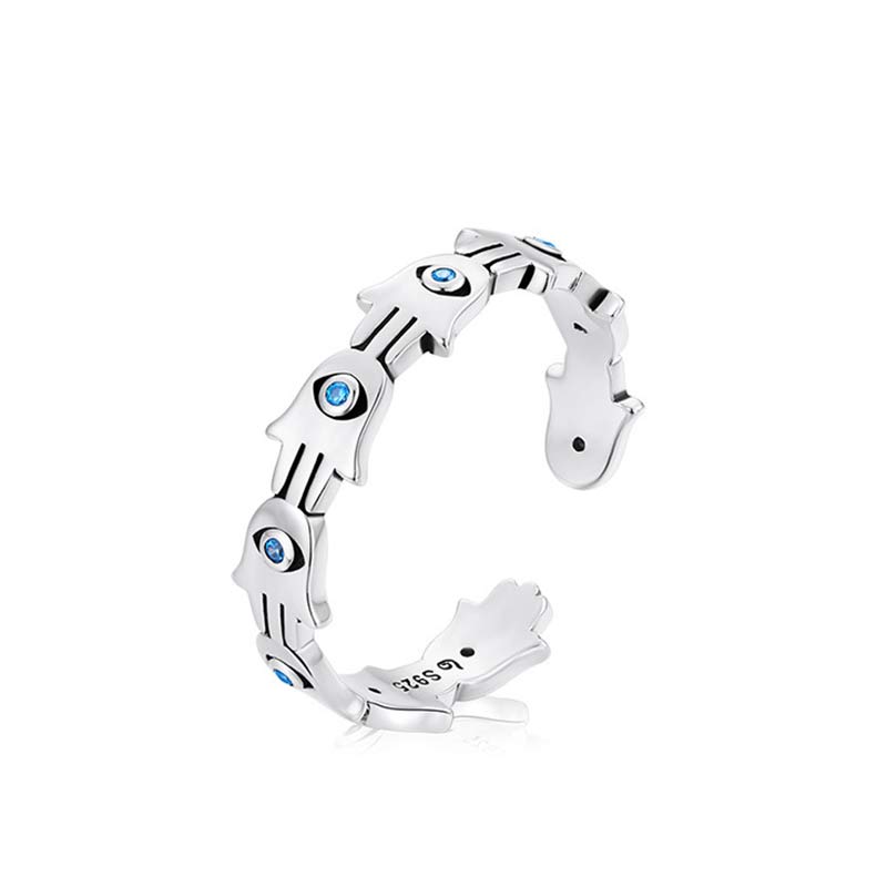 Fortune Jewel 925 Sterling Silver Hamsa Symbol Zircon Adjustable Ring