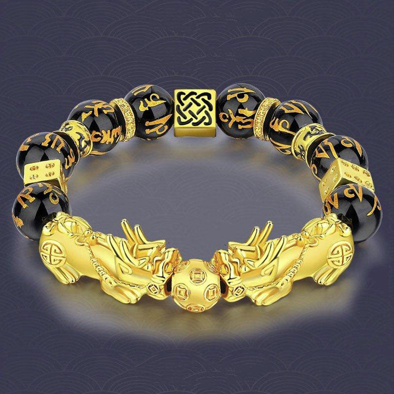 Fortune Jewel FengShui Double PiXiu Obsidian Om Mani Padme Hum Wealth Bracelet