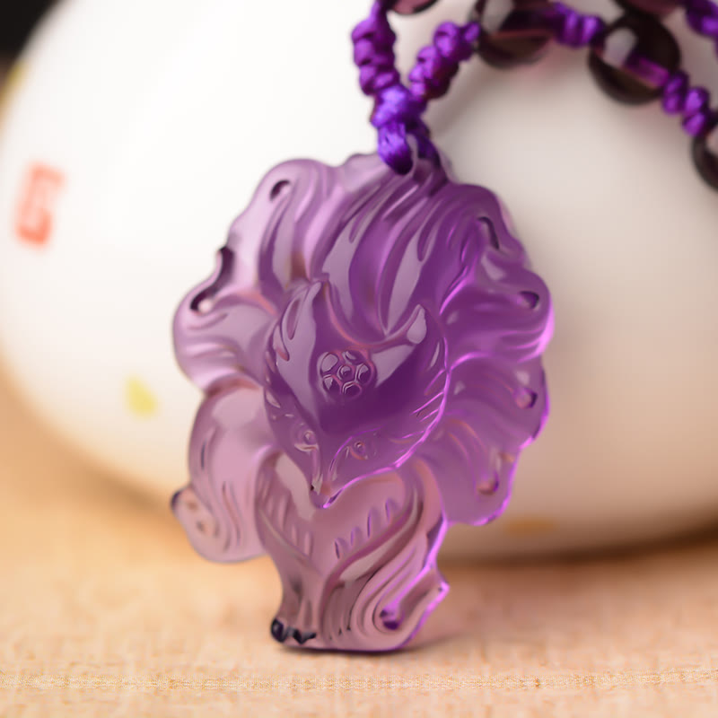 Fortune Jewel Natural Amethyst White Crystal Citrine Nine Tailed Fox Luck Necklace Pendant